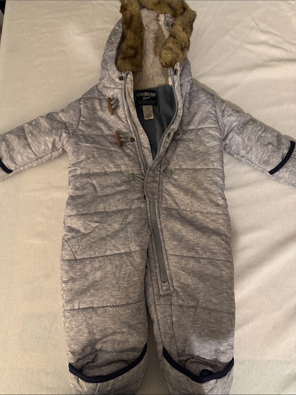 OshKosh B'gosh Light Gray Quilted Hooded Puffer Snowsuit with Faux Fur Trim